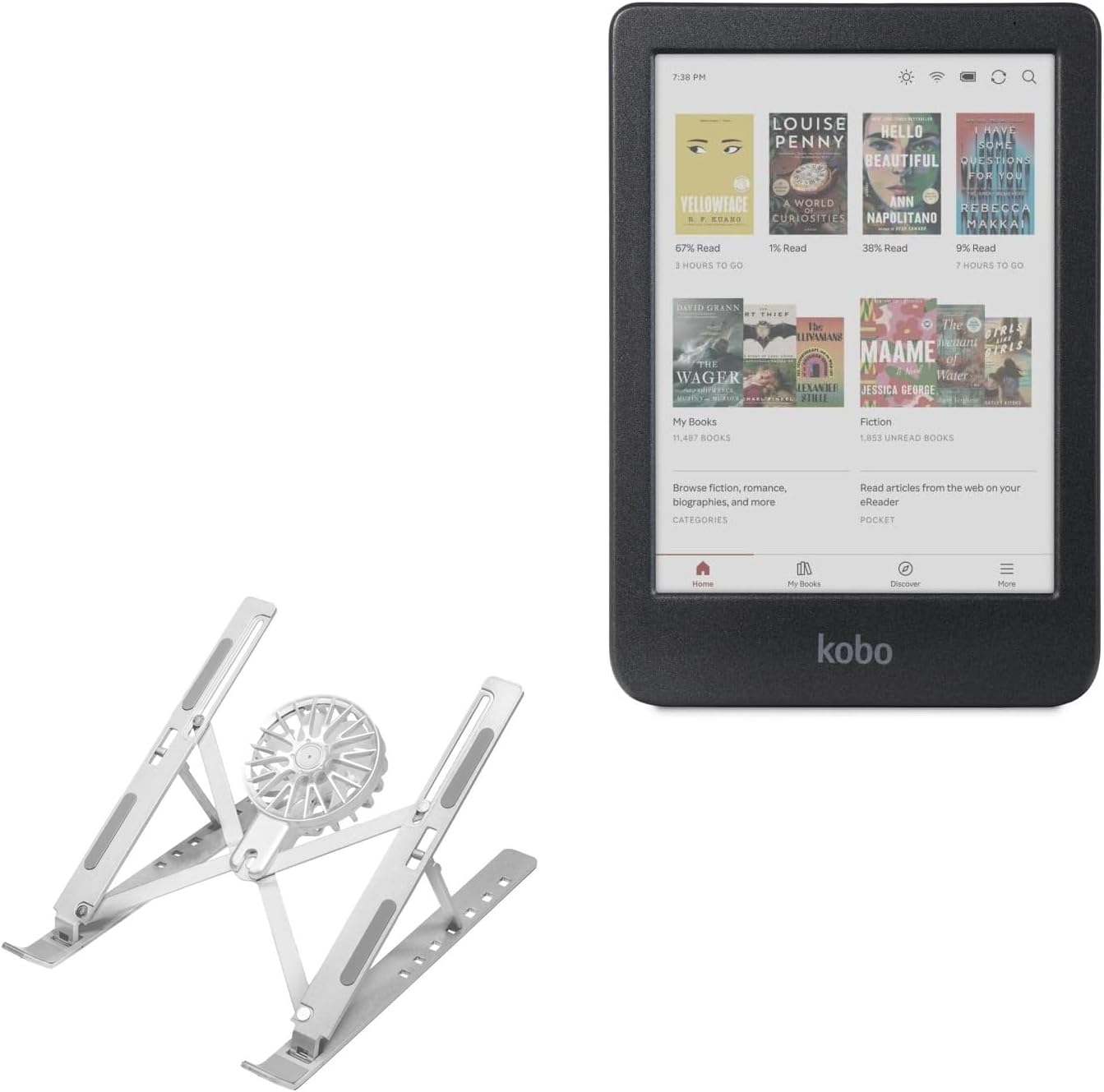 BoxWave Stand and Mount Compatible with Kobo Clara Colour - QuickSwitch Stand with Cooling Fan, Portable, Multi Angle Viewing Ventilator - Metallic Silver