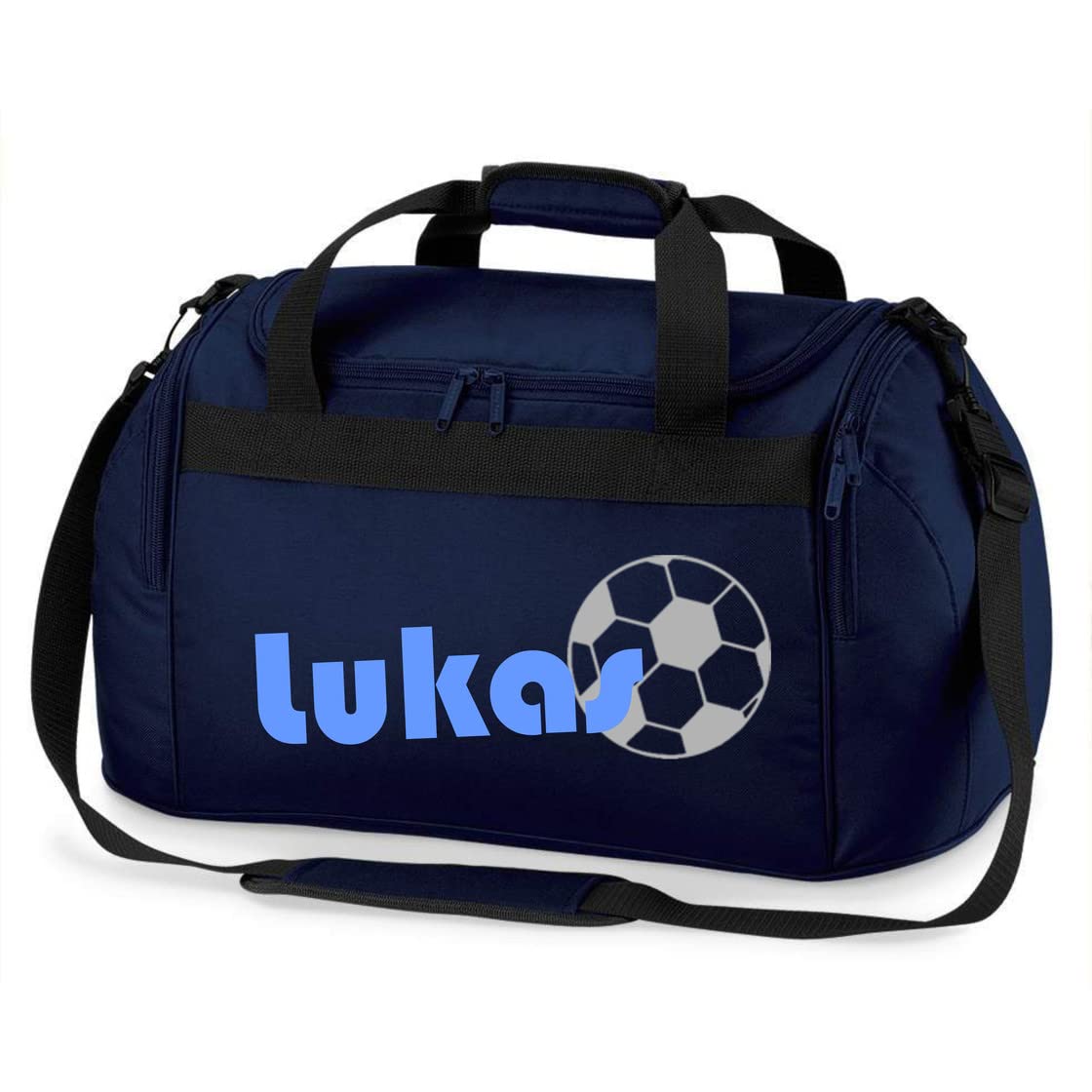 Sac de sport avec nom - Avec nom - Motif football - Personnaliser et imprimer - Sac de voyage pour garçon - Club de sport - Bleu noir