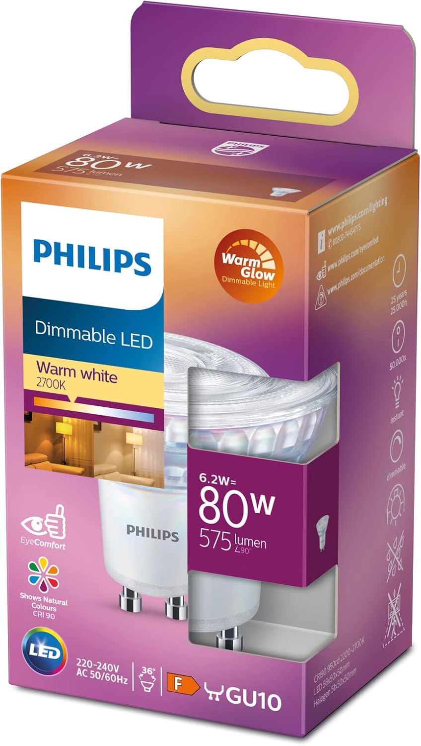 Philips LED GU10 6.2W Dimmable - warm white 2700k