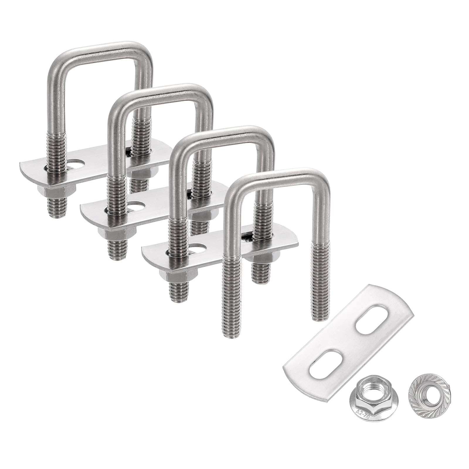 sourcing map 4 Set 13/16" Inner Wide Square U Bolts, 2" Length 304 Stainless Steel U-Bolts with Flange Hexagon Nuts, Frame Plates for Trailer, Automotive, (20mm W x 50mm L) — image 1