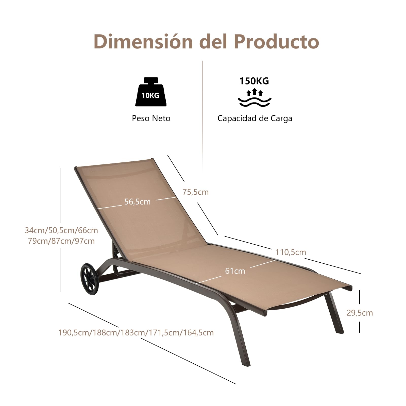 COSTWAY Tumbona de Jardín con Respaldo Reclinable, 6 Posiciones, Tumbona con Ruedas, Tela de Texileno, 164,5 x 61 x 34cm, Terraza, Balcón, Playa, Piscina (café)