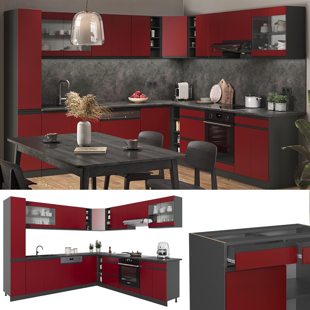 Vicco Cucina angolare completa R-Line, Rosso/Antracite, 277 x 257 cm