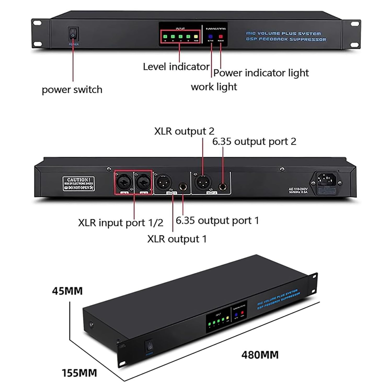 Processore audio digitale con soppressore di feedback 2 in 2 uscite, anti-ululante a 9 livelli, scansiona automaticamente le frequenze ululanti per prestazioni e uso in conferenza