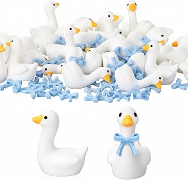 50 Set Mini Gooses Resin Tiny Gooses Figurine with Bows and Glue for Small Desk Goose Gift Decor for Cake Topper, DIY Crafts, Micro Landscape Ornaments, Miniature Geese Animal Statues to HideBlue
