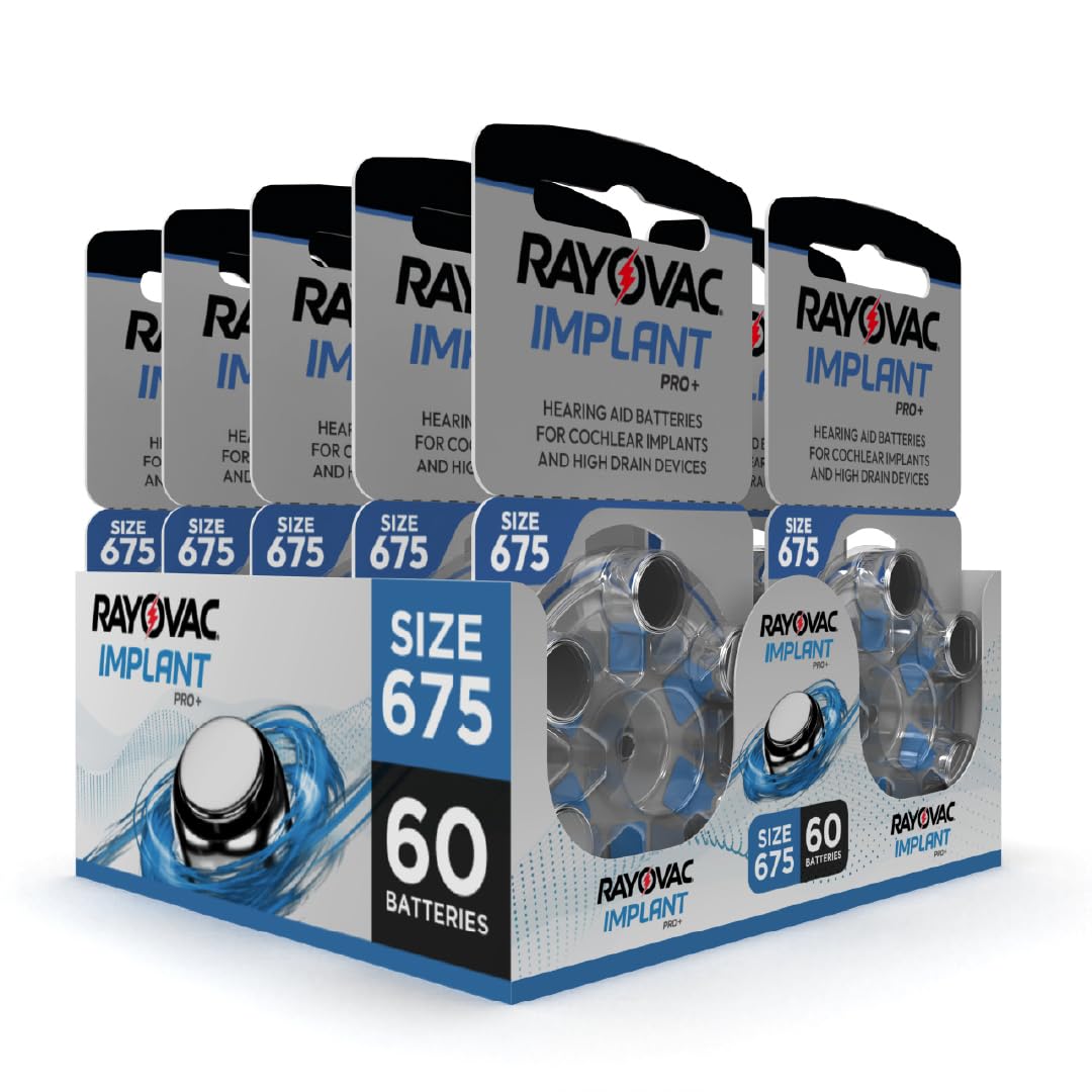 60 batterie per impianti cocleari Rayovac Implant Pro+ misura 675I, durata massima, compatibili con tutti gli impianti cocleari, pile senza mercurio e cadmio