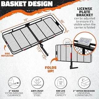 Mockins XXL 70"x30"x6" Folding Trailer Hitch Cargo Carrier | 500 Lbs. Cap Cargo Hitch Carrier Rack | Weatherproof Steel Luggage Rack for SUV, Car & Truck w/License Plate Holder, Stabilizer, & Straps
