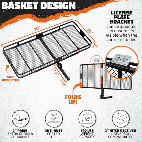 Mockins XXL 70\"x30\"x6\" Folding Trailer Hitch Cargo Carrier | 500 Lbs. Cap Cargo Hitch Carrier Rack | Weatherproof Steel Luggage Rack for SUV, Car & Truck w/License Plate Holder, Stabilizer, & Straps