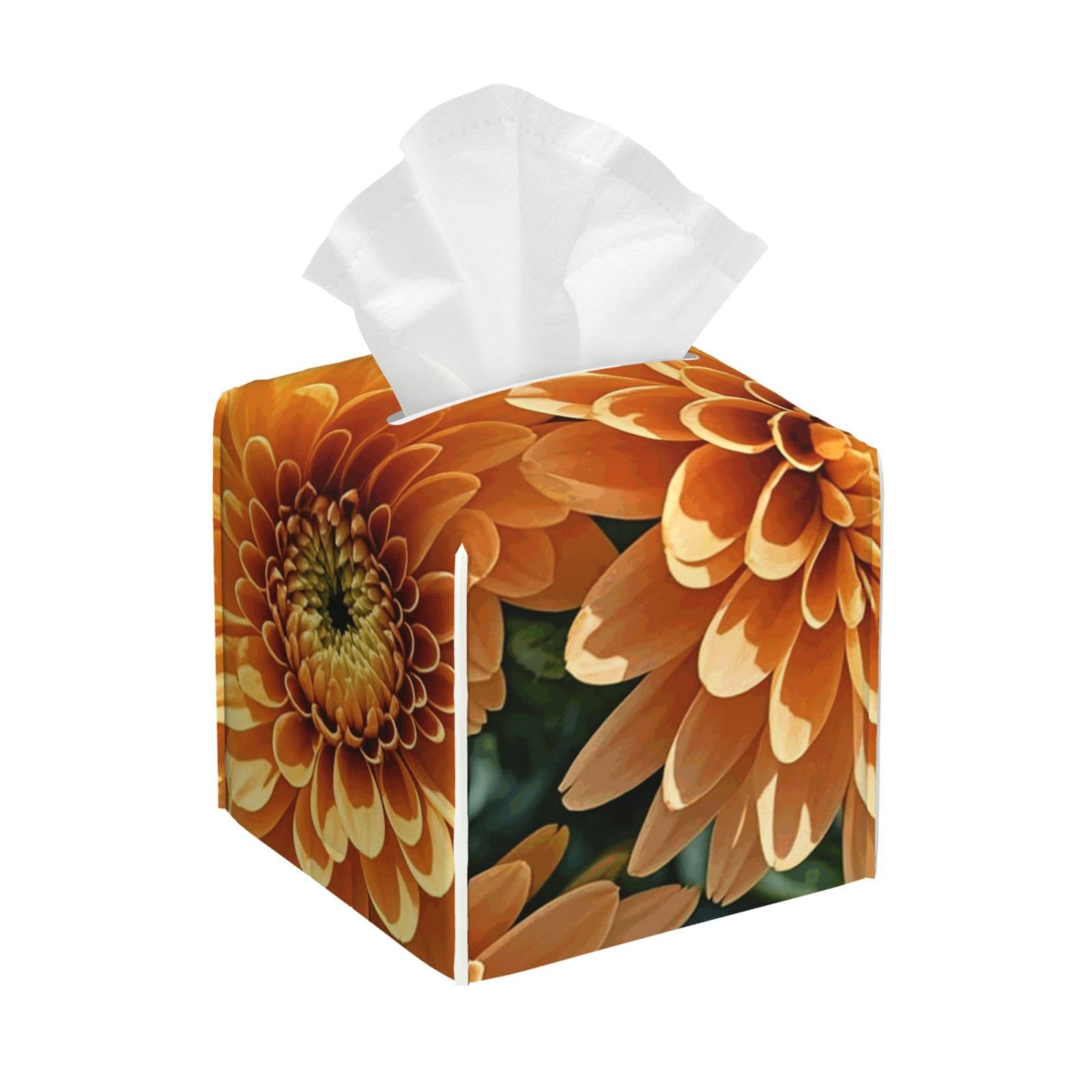 Pu Leather Cube Tissue Box Holders Modern Waterproof Square Tissue Box Cover Orange Flowers Facial Paper Holder for Bathroom Kitchen Nightstand Office Home Decor