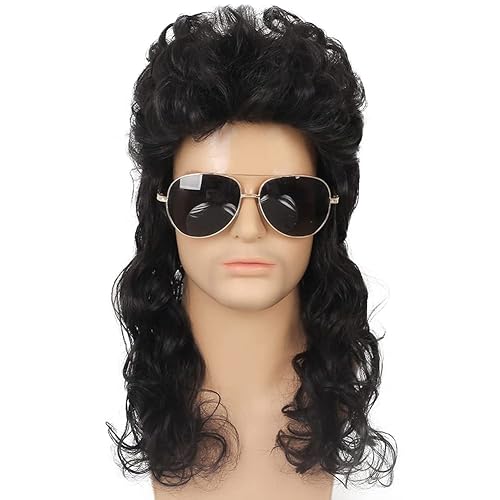 Kaneles Pelucas largas y rizadas de color negro para hombres y hombres de los años 70 y 80, peluca sintética para disfraz punk rockero con gorra de