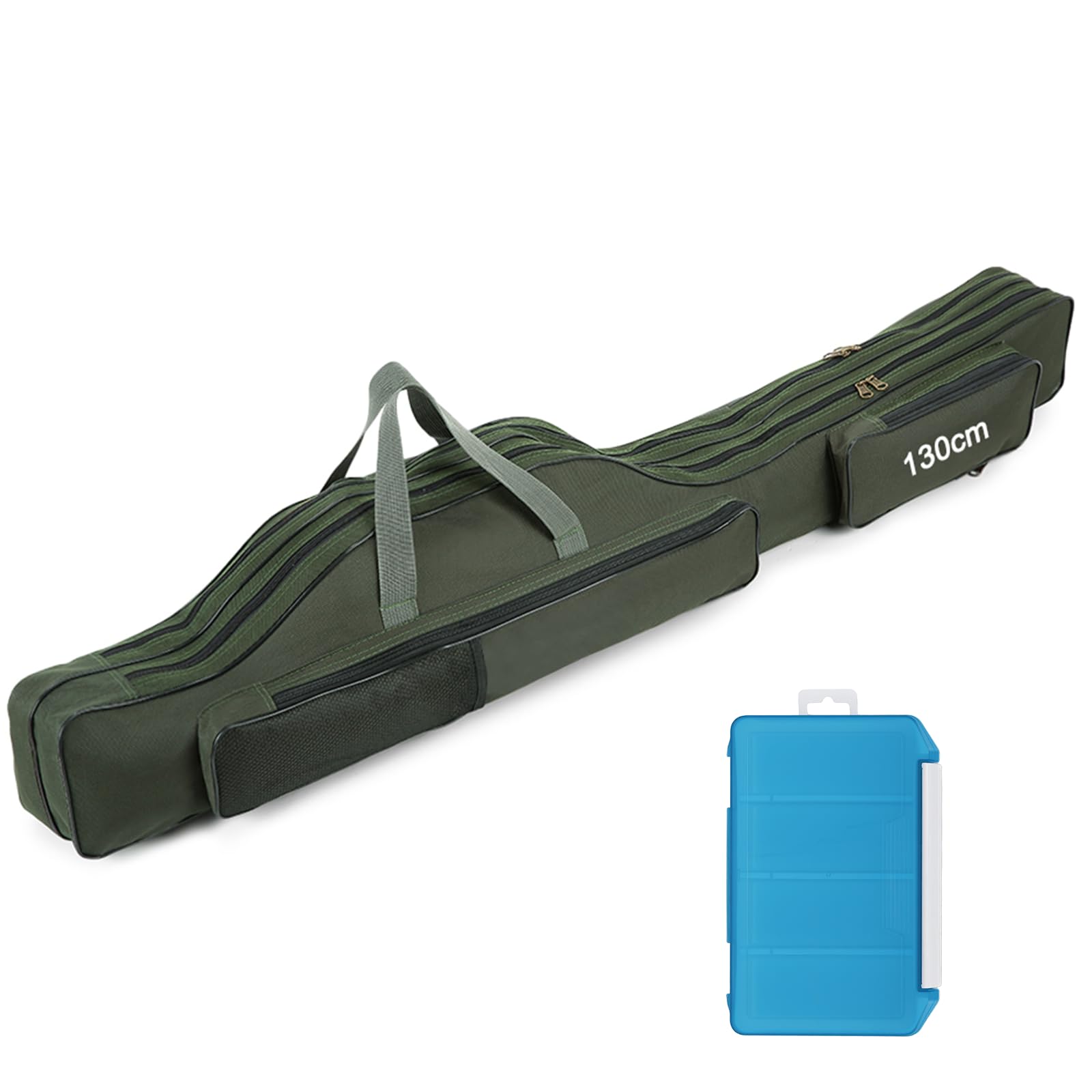 Sac de pêche pour Cannes avec boîte de Rangement, 80 cm/100 cm/130 cm/150 cm, Housse de Transport 3 Compartiments avec bandoulière, Pliable et imperméable, pour pêche en extérieur