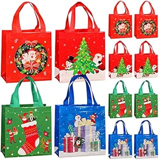 12 Pcs Christmas Reusable Grocery Bag Christmas Bag Tote Bag with Handle Christmas Goody Shopping Gift Bag Party Treat Bag Large Non-Woven Christmas Waterproof Foldable Gift Shopping Bags 22.5*22*11cm