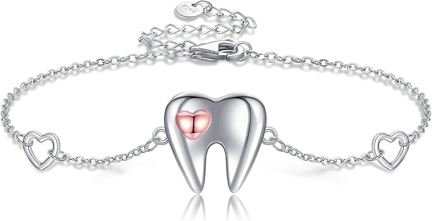 YAFEINI Sterling Silver Heart Tooth Bracelet - Dental Jewelry Gift for Women