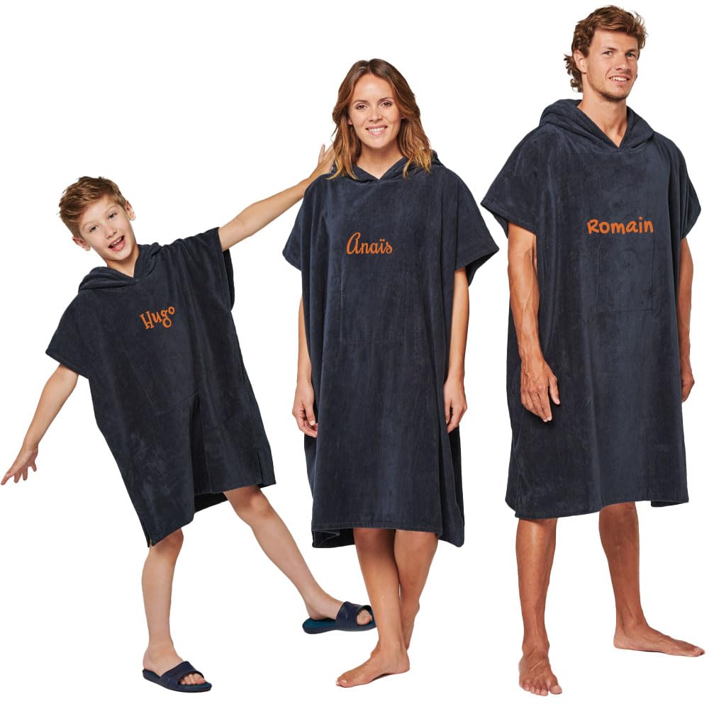 Poncho de Bain personnalisé avec Un prénom, Un Texte. Adulte et Enfant (S/M, Noir)