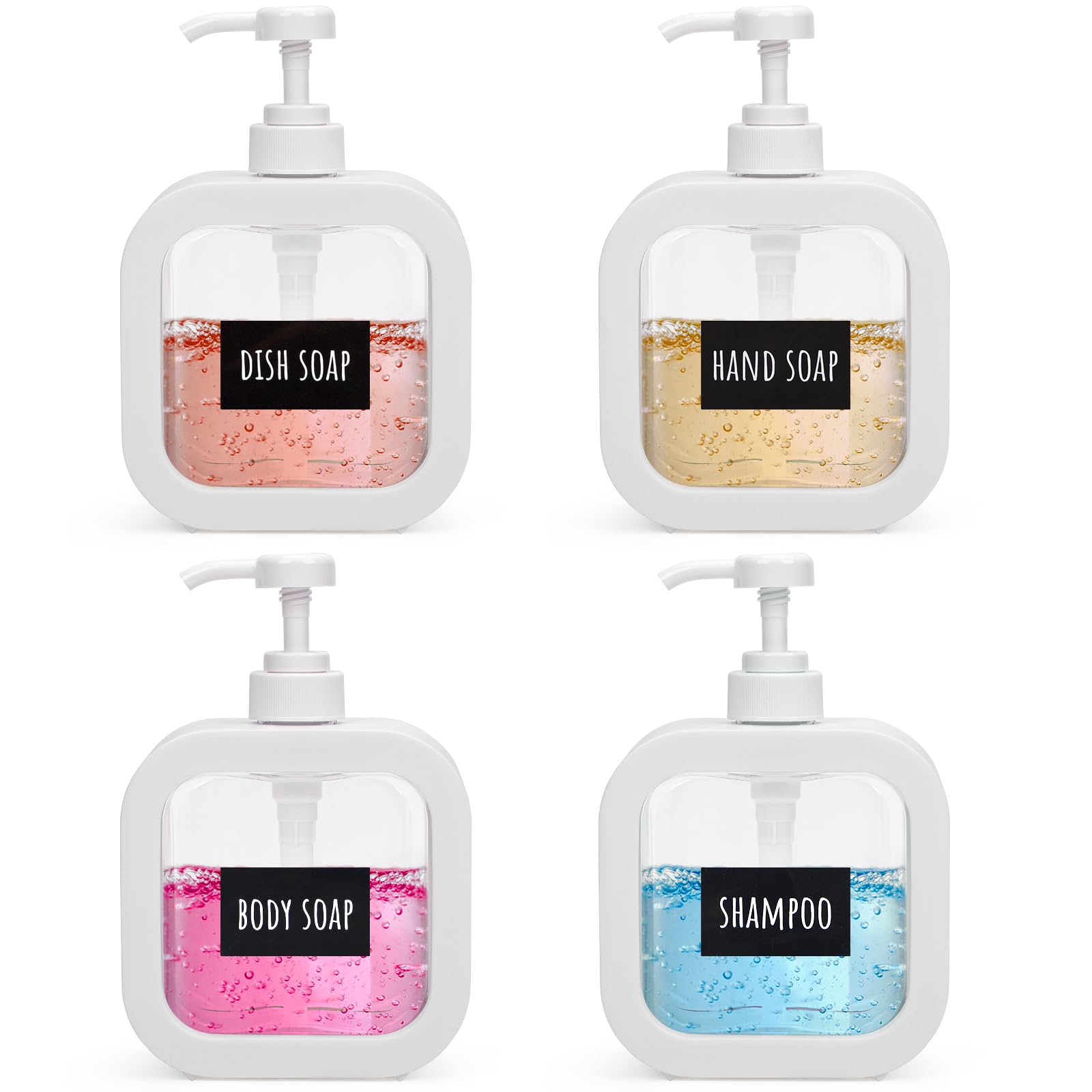 Segbeauty 16.9oz Refillable Bathroom Hand Soap Dispenser, Pack 4 Empty Kitchen Soap Dispenser Pump 500ml Liquid Soap Dispensers for Bathroom, White Plastic Handwash bottle for Kitchen Sink with Labels