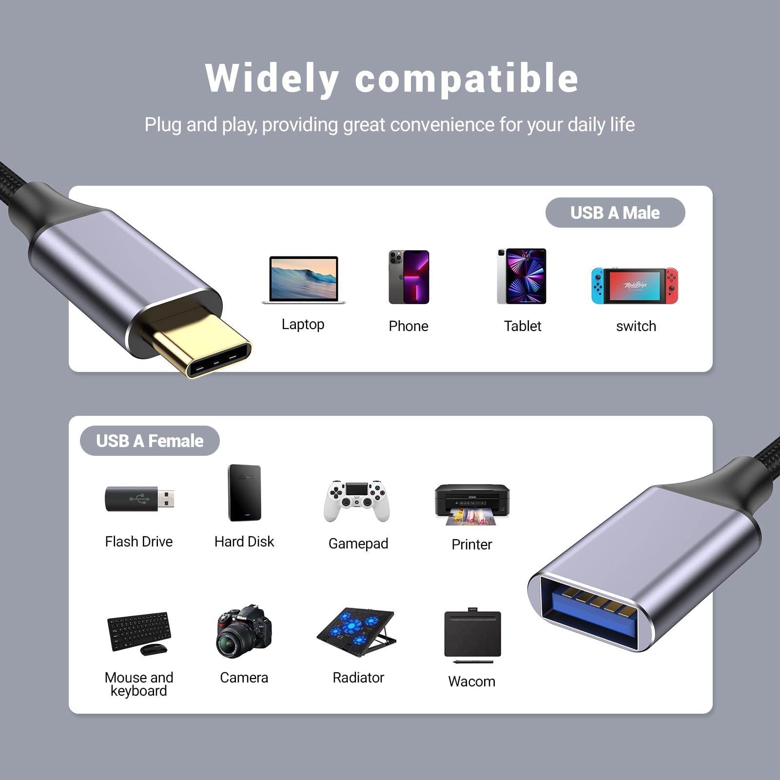 Pastall Cavo USB femmina a C maschio (1 m), adattatore di tipo C, adattatore da USB C a USB 3.0, femmina C a maschio A per telefono/laptop/tablet/switch dispositivo USB-C