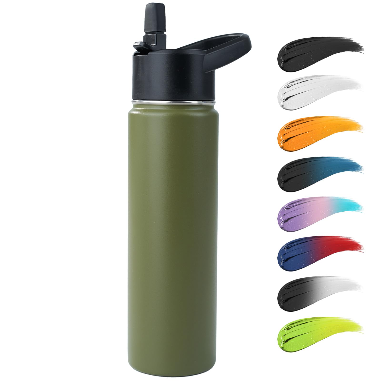 KerilynStainless Steel Water bottle with Straw & Wide Mouth Lid, Wide Rotating Handle, 24oz Double Wall Vacuum Insulated Water Bottle Leak Proof, BPA Free, Keep Cold and Hot, 24oz, Army Green