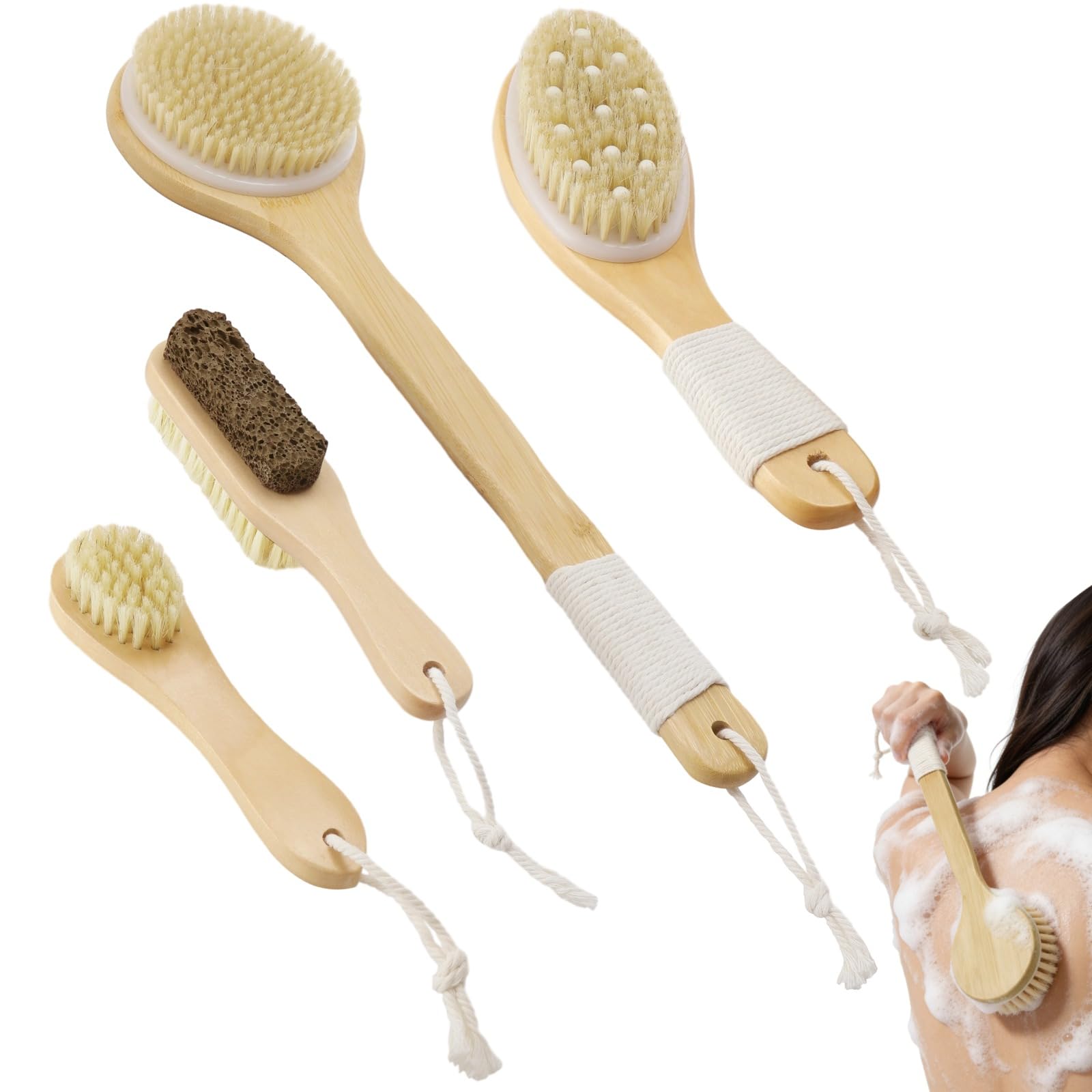4er-Set Trockenbürsten, Körperbürsten mit Wildschweinborsten und Griffen, Bade- und Duschwerkzeug zum Peeling für Gesicht, Rücken, Füße und Körperpflege, für trockene oder nasse Anwendung