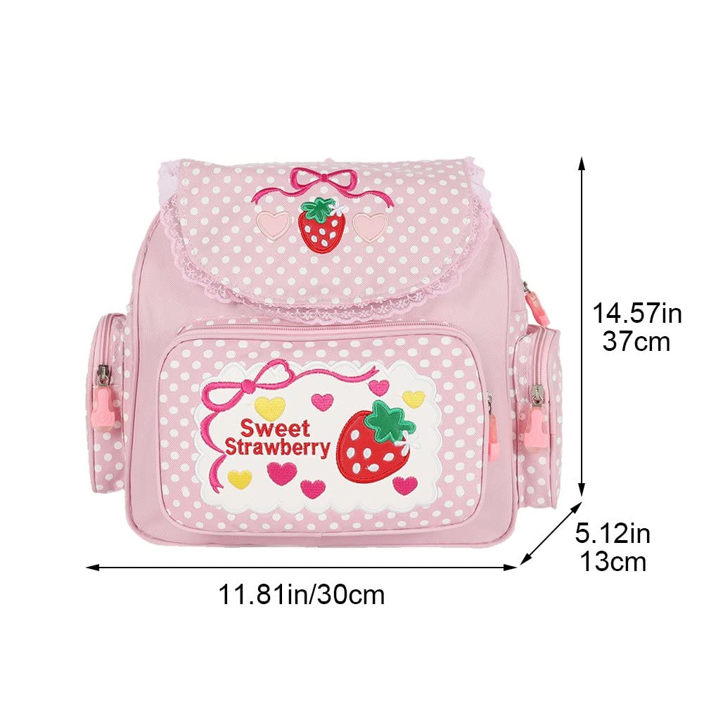 Plecak w stylu japońskim Kawaii z haftowanym truskawkowym szyciem, mini plecak z koronkowym wzorem truskawki, uroczy plecak szkolny dla dziewczynki