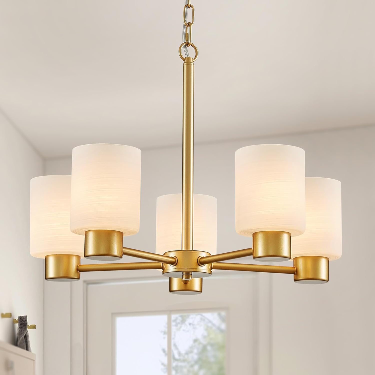 WUZUPS 5-Light Pendant Chandelier Light Frosted White Glass Shade with Grain Ceiling Lighting Elegant Modern Fixture Bathroom Kitchen Dining Room Entry Foyer, H 15.8" W21, E12 Base, Gold