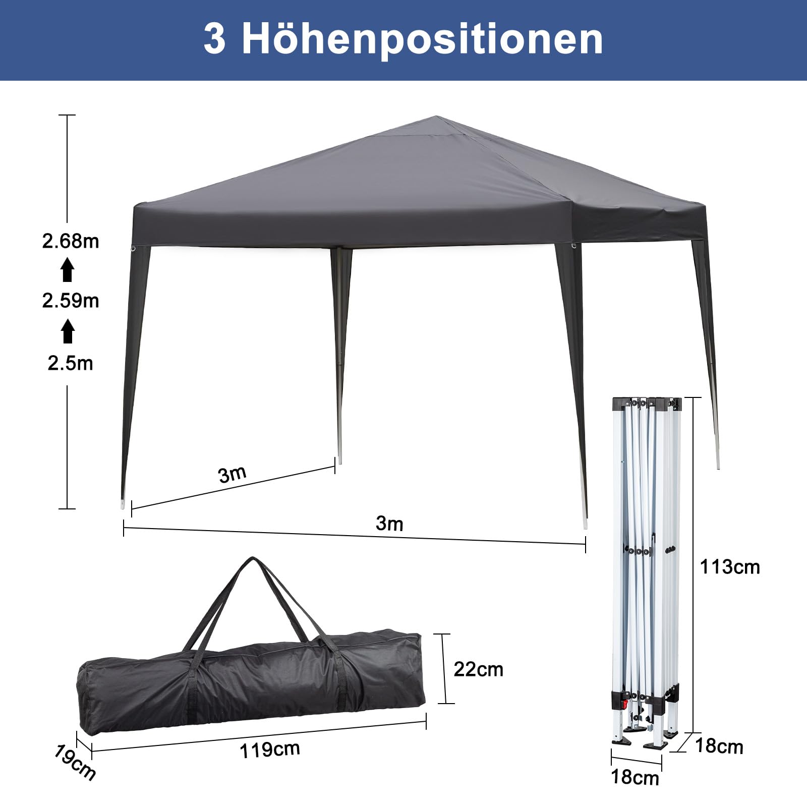Pavillon 3x3m Pop-Up Faltpavillon,Wasserdicht Winterfest,Höhenverstellbar,Belüftungssystem,Stahlgestell UV-Schutz 50+,mit 4 Seitenwänden & 4 Sandsäcken,Für Garten,Camping,Party (Anthrazit)