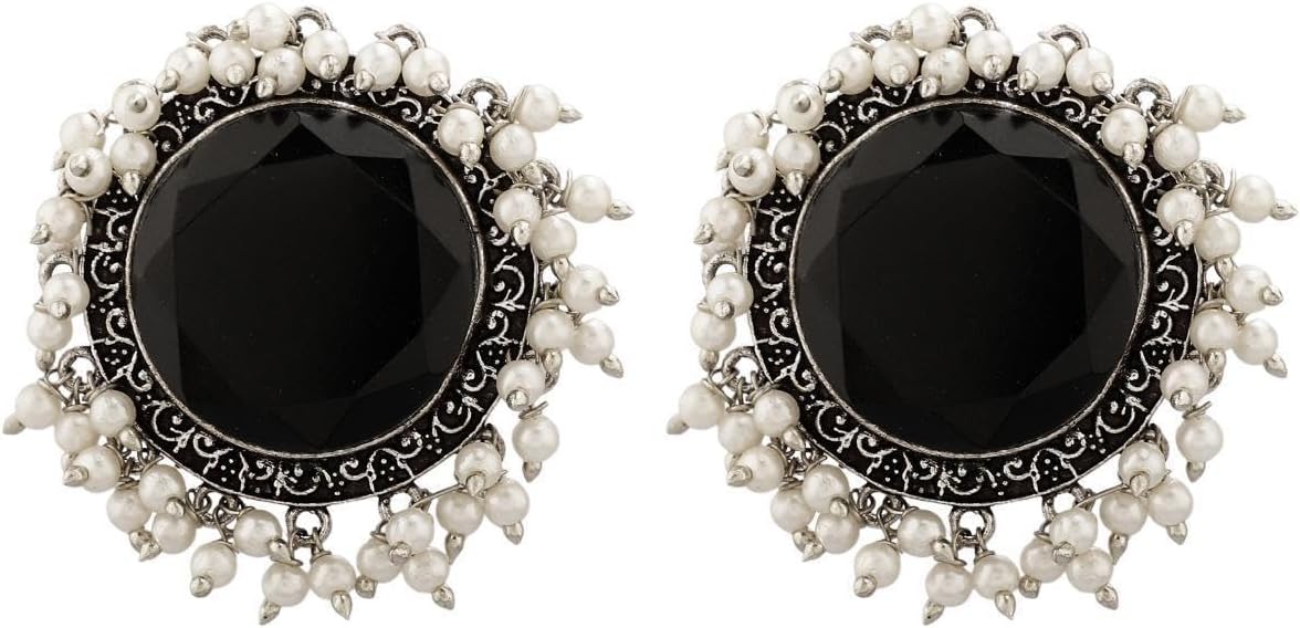 Efulgenz Boho Bohemian Indian Oxidized Jewelry Round Big Stud Faux Pearl Crystal Earrings Set Oxidized Indian Earrings for Women Big Stud Antique Statement Earring Jewelry for Women