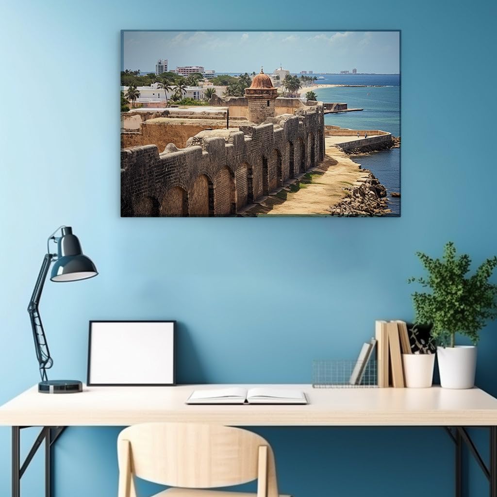 Canvas for Living room. San Juan's Enchanted Shores: A Glimpse into the City's Historic Elegance and Coastal Charm, 27 x 18 inch Canvas Wall Art - Contemporary Masterpieces - Modern Home Decor