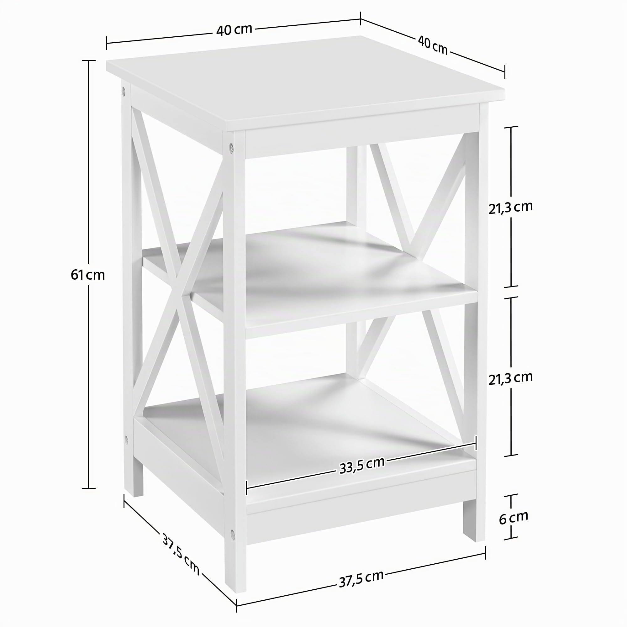 Yaheetech Tavolino Basso da Salotto a Forma X | Tavolino da Caffè a 3 Ripiani Bianco Design Moderno Comodino da Camera da Letto Soggiorno 40 x 40 x 61 cm