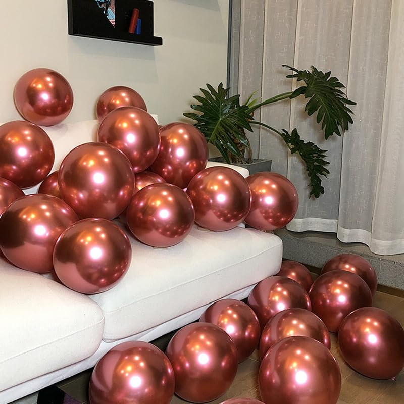 Image of Chrome Metallic Balloons Rose Gold 100 pcs Glossy Latex Balloon for Birthday Decoration Kit Wedding, Anniversary Floral Garland 10 Inch Helium Supported
