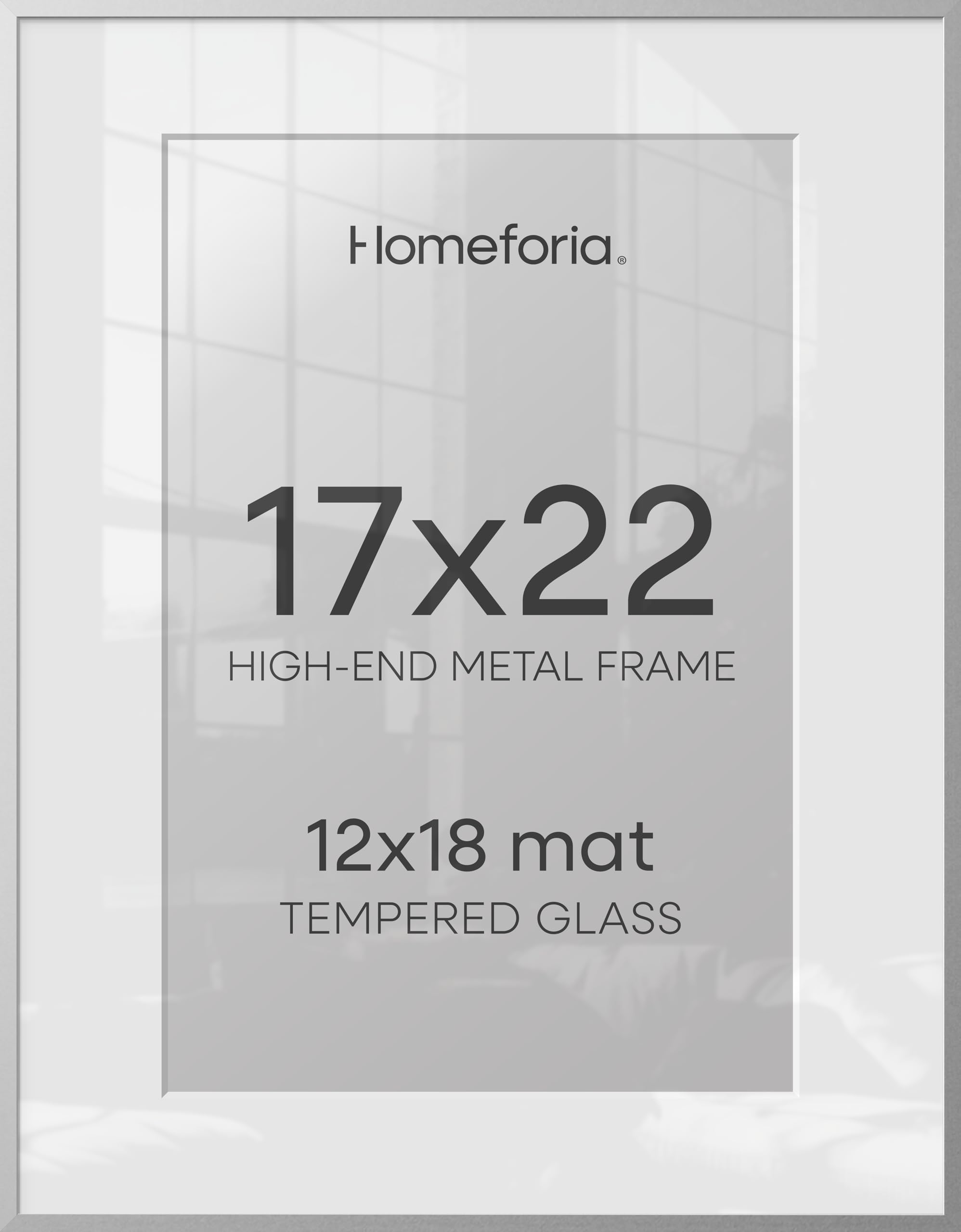 Homeforia 17x22 Picture Frame Silver, High End Metal 17x22 Frames with Mat 12x18 for Photo, 17 x 22 Silver Poster Frame Matted to 12 x 18 Print, 22x17 Hanging Frame, Tempered Glass, Wall Kit, Set of 1