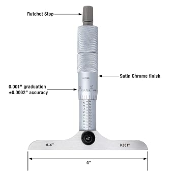 Asimeto 0-6 Flat End -4 Base Depth Micrometer| Graduation : 0.001, Rod Diameter: 0.157, Accuracy : 0.0002| Number of Rods: 6| Thimble Type: Ratchet Stop| Satin Chrome Finish
