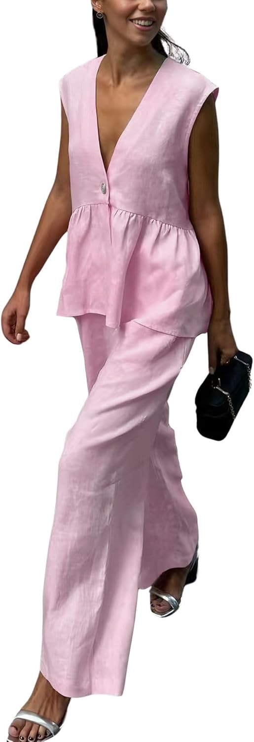 chouyatou Women's Casual 2 Piece Outfits Peplum Ruffle Tank Top Wide Leg Long Palazzo Pants Matching Set