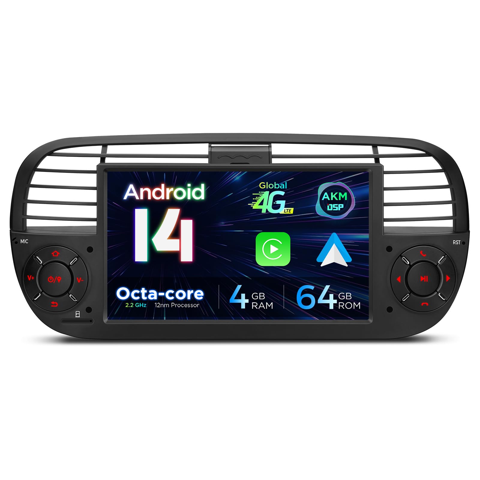 XTRONS Android 14 Car Stereo for Fiat 500 (2007-2015), 7 Inch Touch Screen Fiat 500 Replacement Head Unit with Gyroscope Built-in DSP GPS Navigation CarPlay Android Auto 4G LTE Bluetooth (4+64GB)