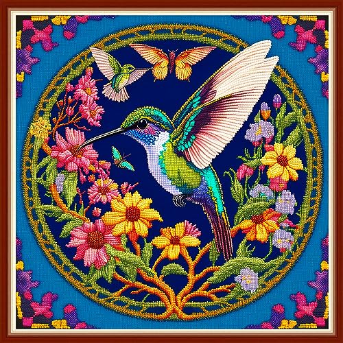 Image of Dimensean Stamped Cross Stitch Kits Full Range of Embroidery Patterns Starter Kits for Beginners Adult DIY Cross Stitches Needlepoint Kits 11CT-Hummingbirds Gather Honey 17.7x17.7 inch