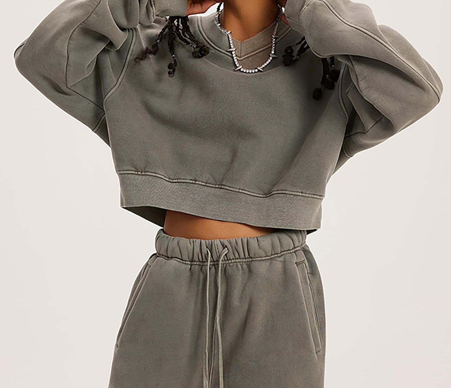 Meladyan Women Casual Cropped Sweatshirt Basic Solid Long Sleeve Fleece V Neck Loose Drop Shoulder Pullover Crop Tops Vintage - Image 6