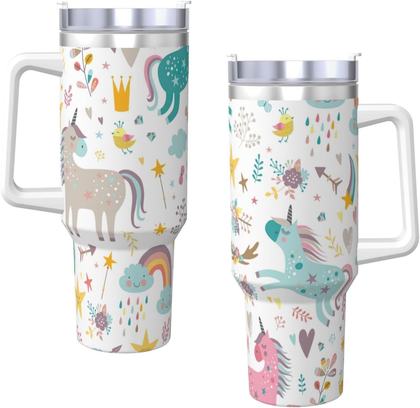 40 OZ Unicorns Pink Print Ice Bully Cup with Handle Straw Lid Straw,Stainless Steel Tumbler Coffee Cup