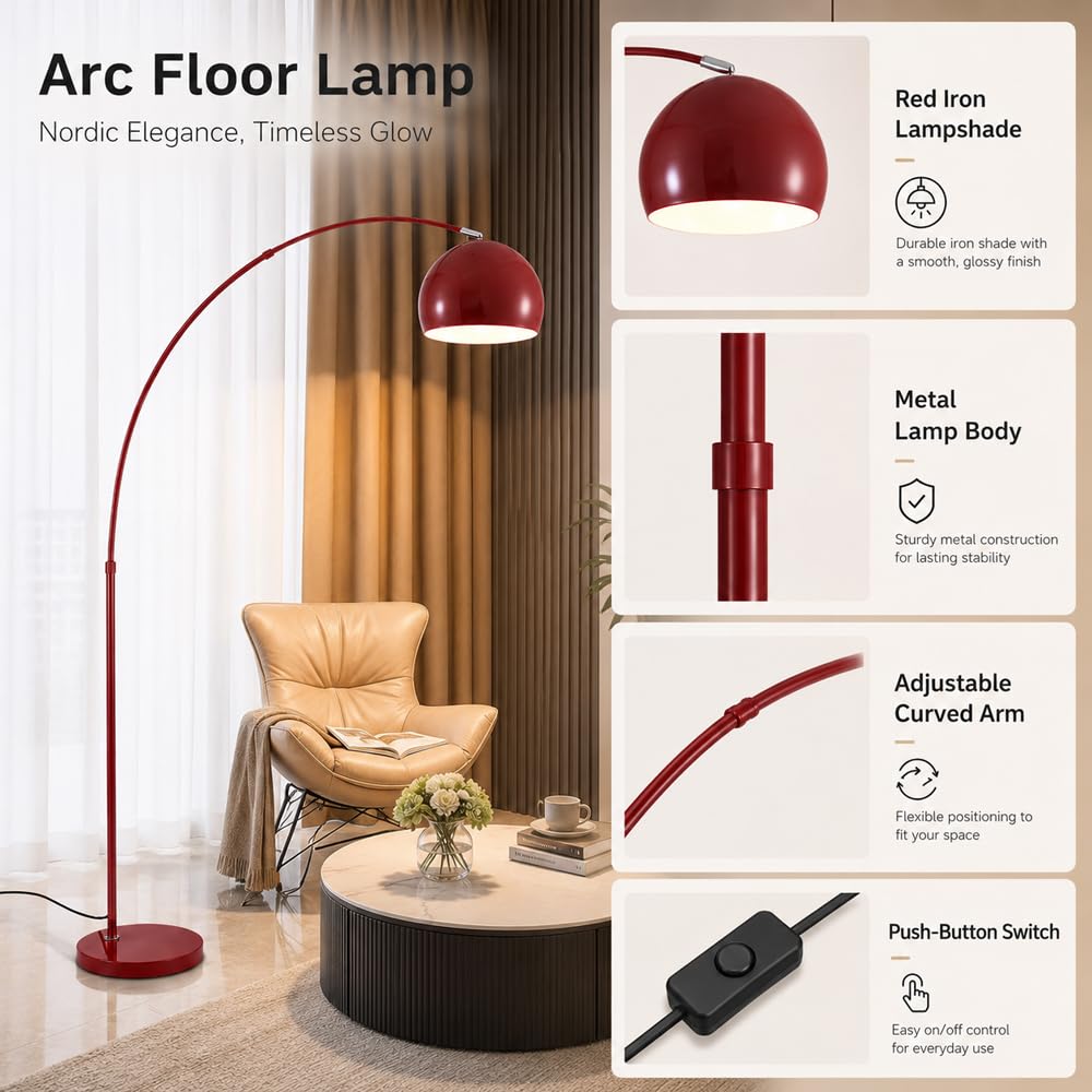 Lampada Da Terra Ad Arco Rosso Lampade Terra Regolabili Libera Lampada Verticale In Metallo Lucido Luci Da Terra Decorative Interne Terra Lettura Lampade Alte Atmosfera Luce Terra Per Soggiorn