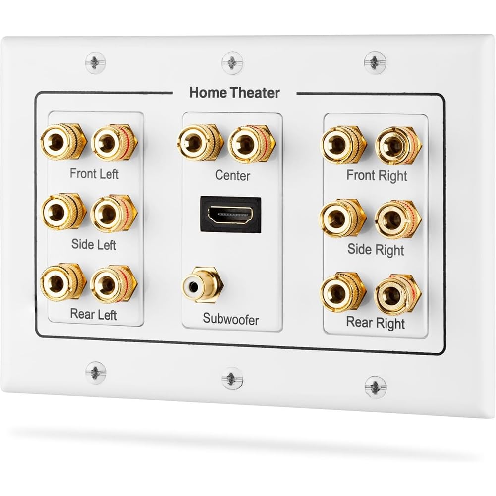IJSDNVJNDX 3-Gang Surround Distribution Home Theater Gold Plated Copper Banana Binding Post Coupler Type Wall Plate for 7 Speakers