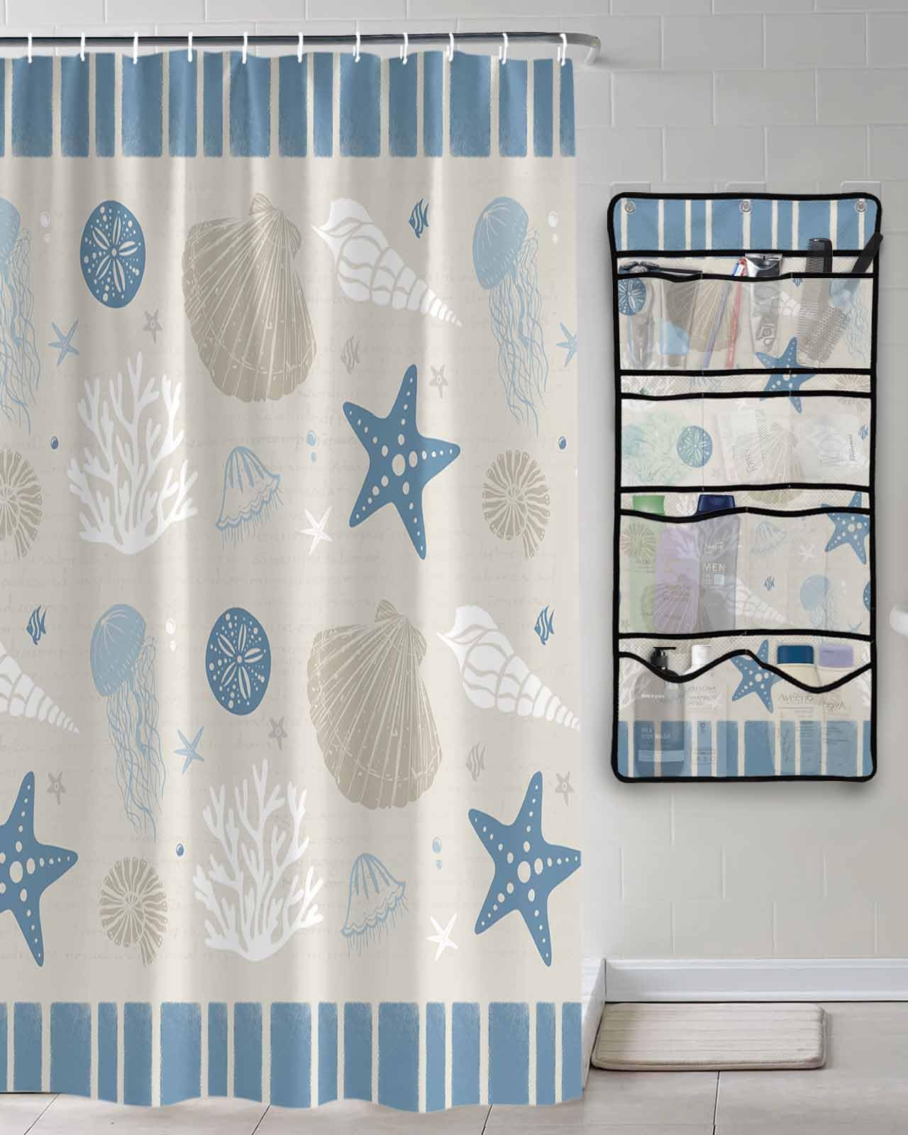 Decorative Shower Curtain Sets Ocean Navy Blue Polyester Fabric Waterproof Shower Curtains Jellyfish Starfish Coral Blue Striped Mesh
