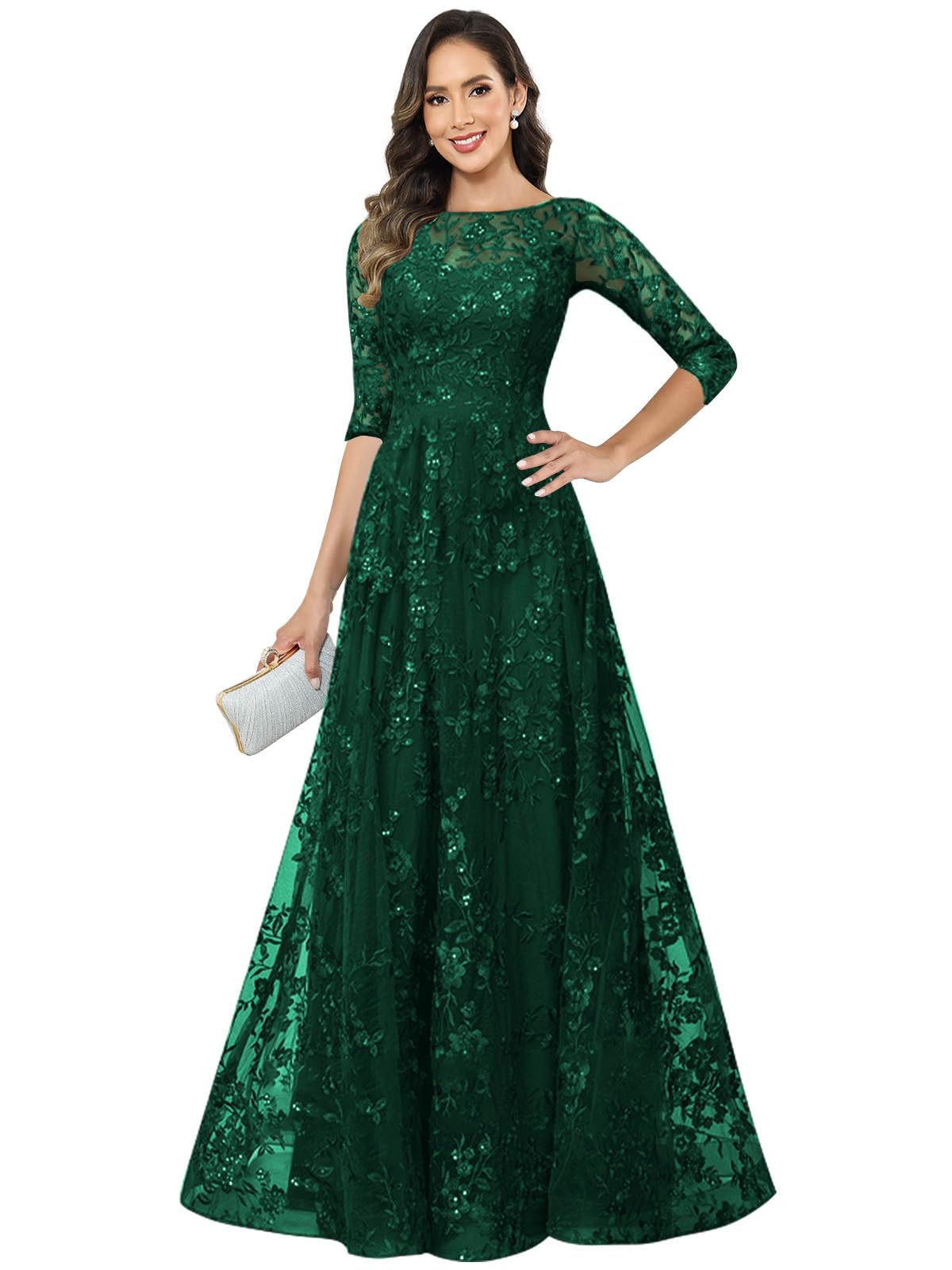Lace Appliques Mother of The Bride Dresses Long for Women with Sequins A Line Scoop Illusion Evening Party
