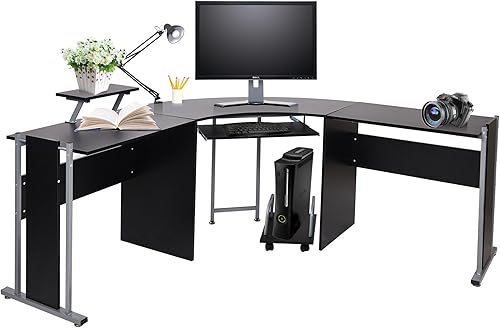 Escritorio para computadora en forma de L, mesa de esquina moderna de madera, para computadora portátil, escritorio de oficina en casa, negro, 71.3