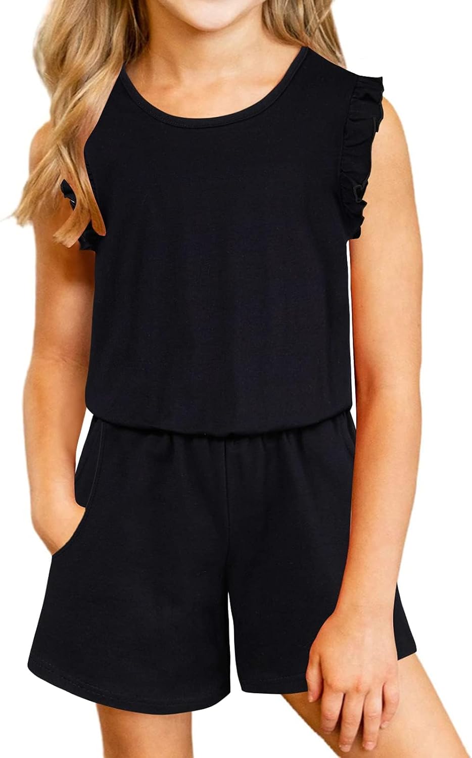 Girls Jumpsuits Rompers Ruffle Sleeve Romper Shorts with Pockets Summer One Piece Playsuit Outfits for Girl 6-13 Years A-black 6-7 Years