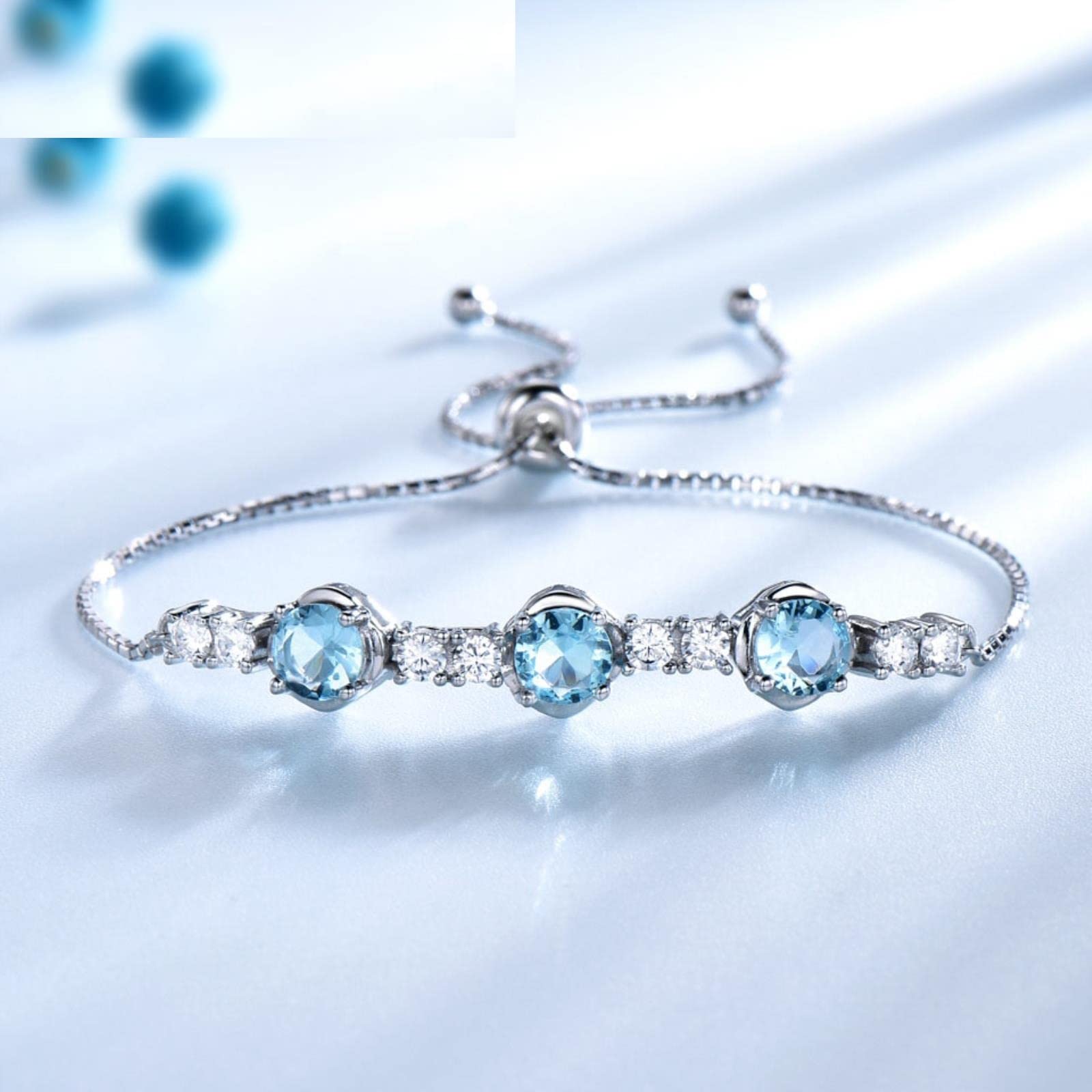 Braccialetti con Pietre Preziose con Topazio Azzurro Naturale Braccialetti Bracciale in Argento Sterling 925 di Lusso per Regali da Donna Espansione Gratuita