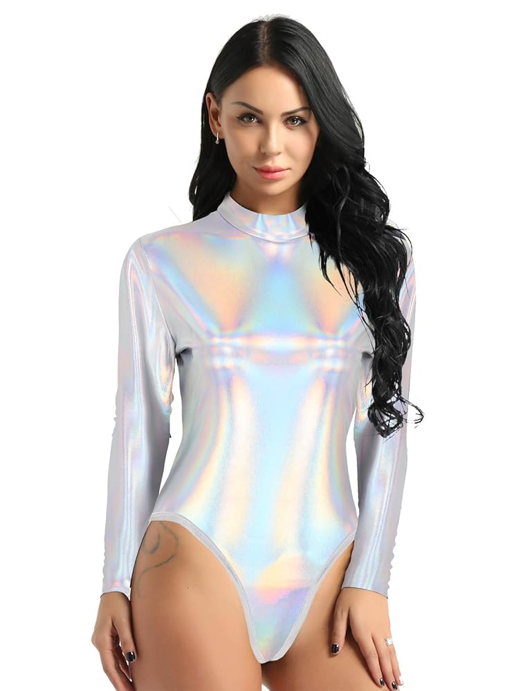 Amazon.com: Kaerm Women's Shiny Metallic Turtleneck Spandex