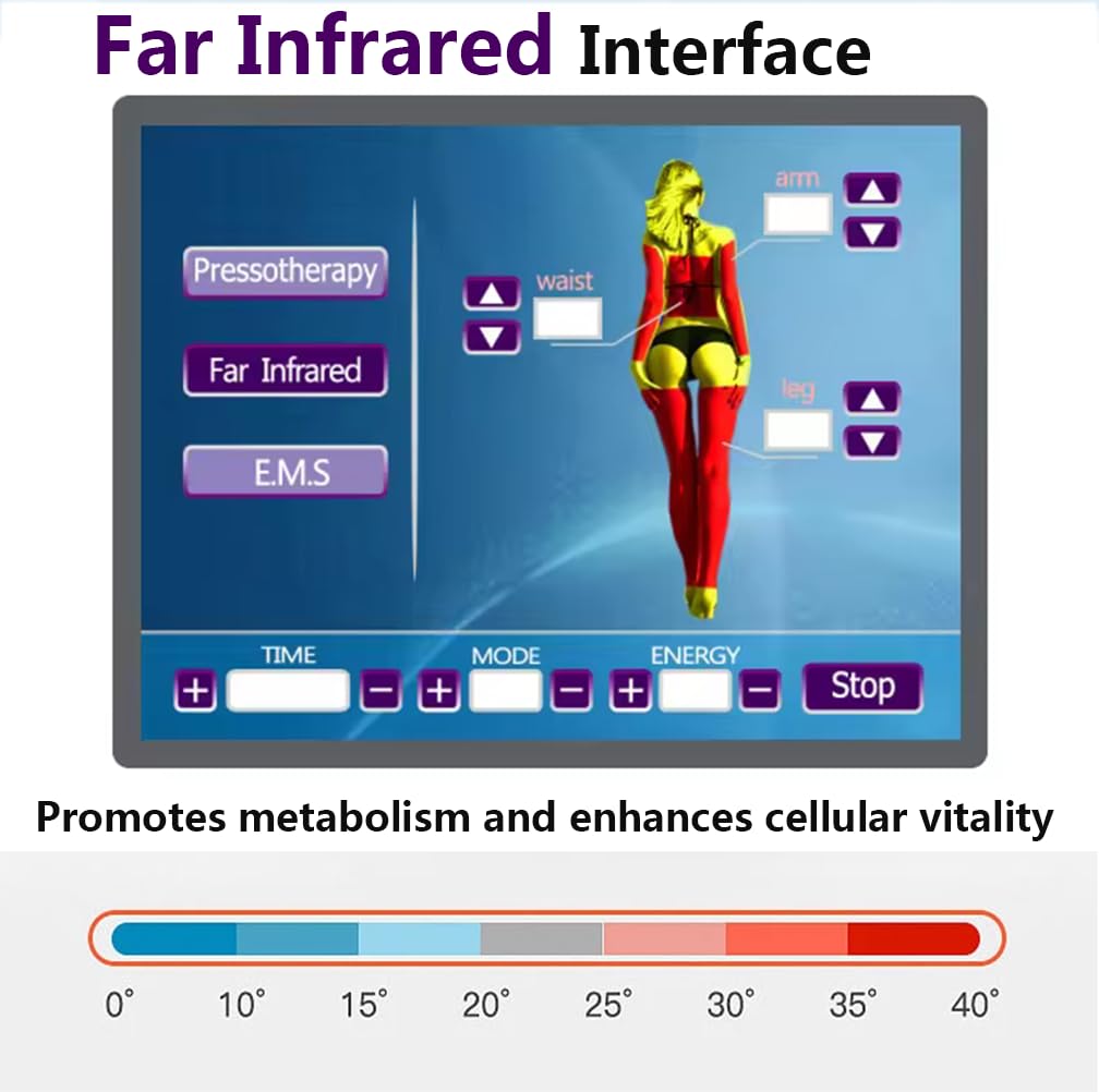 Massaggiatore per linfodrenaggio con riscaldamento del corpo per massaggio alle gambe con pressione dell'aria a 360° con EMS, tuta pressoterapia 3 in1, 24 airbag