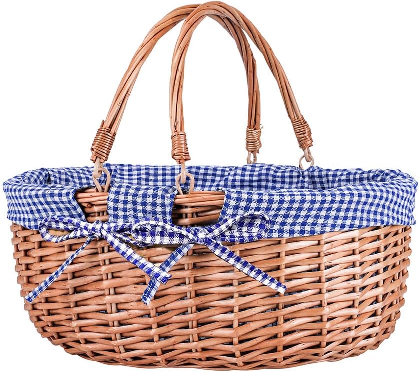 Large Wicker Picnic Basket with Handles,Handle Sturdy Woven Body with Removable and Washable Lining,Outdoor Camping,Gift Packing,Garden Picking, Storage.Blue