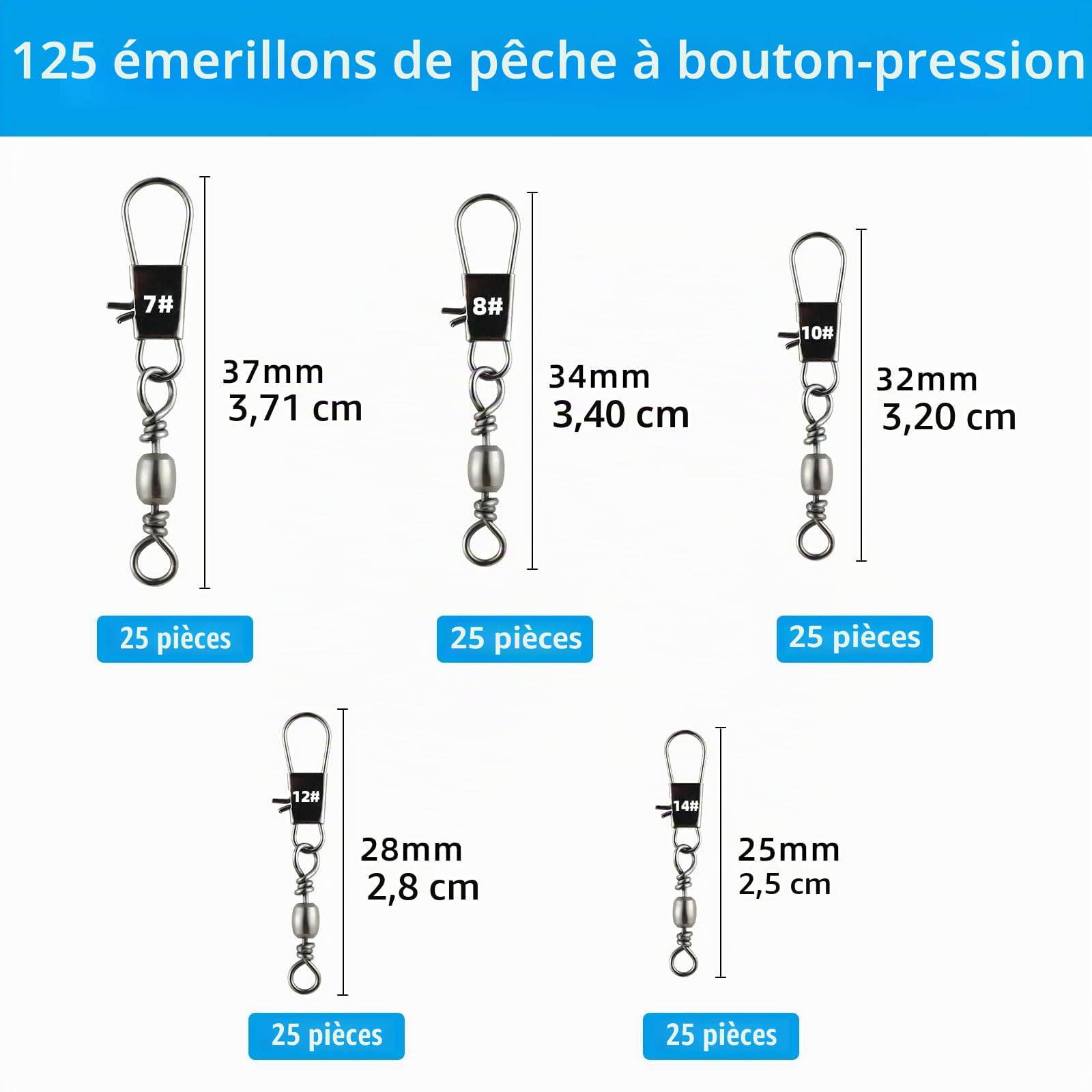 Realure 125 Pièces Emerillon Peche Carpe Emerillon Peche Mer émerillon Roulant Emerillon De Pêche à Changement Rapide Connecteurs De Ligne De Pêche en Mer Et en Eau Douce pour La Pêche en Mer