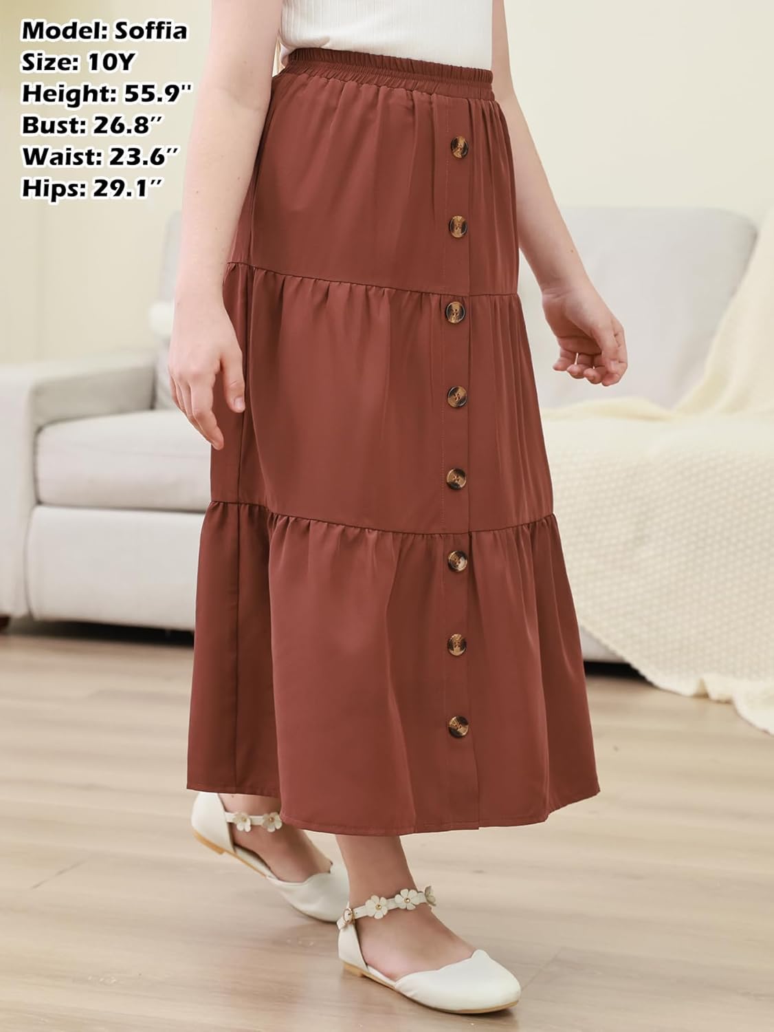 GORLYA Girls Casual Button Front Ruffle Hem Elastic High Waist Long Swing Tiered Maxi Skirt for 6-16Y - Image 4