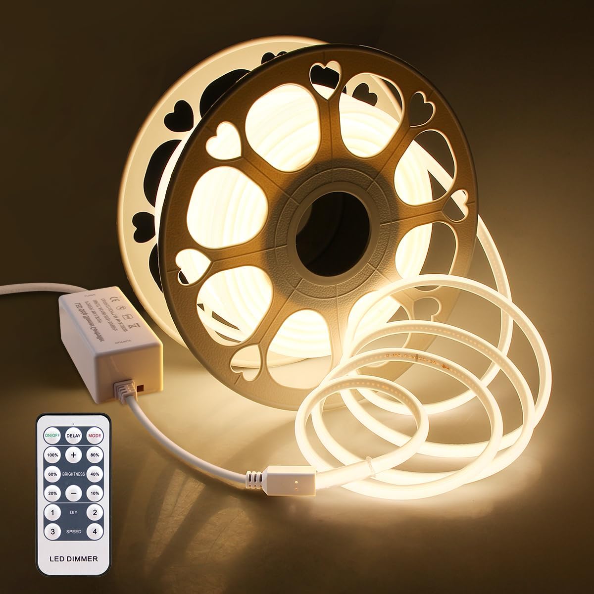 Aclorol 100FT Outdoor COB LED Strip Lights Waterproof Warm White 1 Roll AC 110V-120V Flexible Dimmable LED Lights Strip with Remote High Density COB LED Rope Light for Garden Commercial Building 3000K