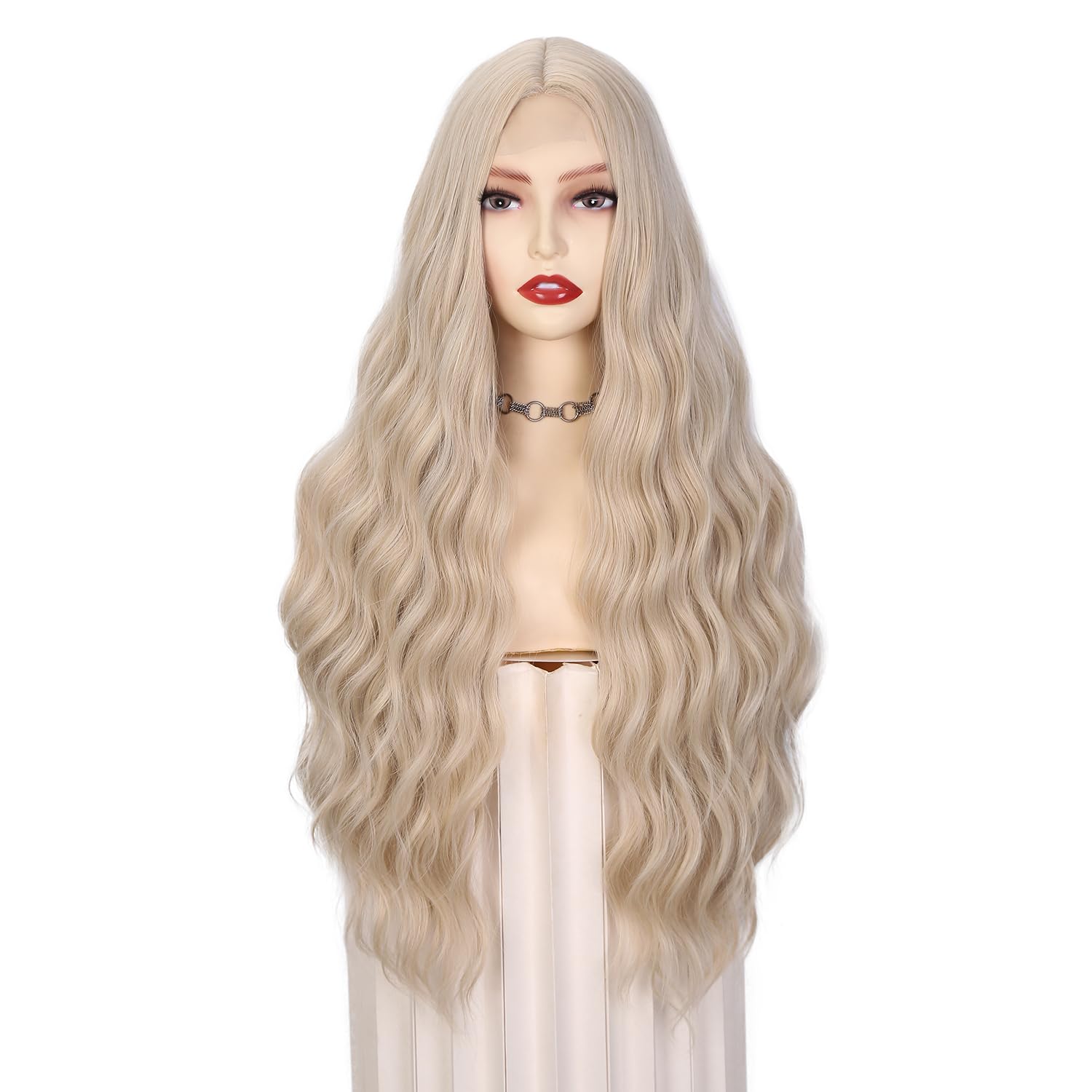 Quantum Love 28 Inches Curly Platinum Blonde Wig Long Wavy lace front Blonde Wig for Women Synthetic Middle Part Cosplay Wigs for Halloween Daily Party Use