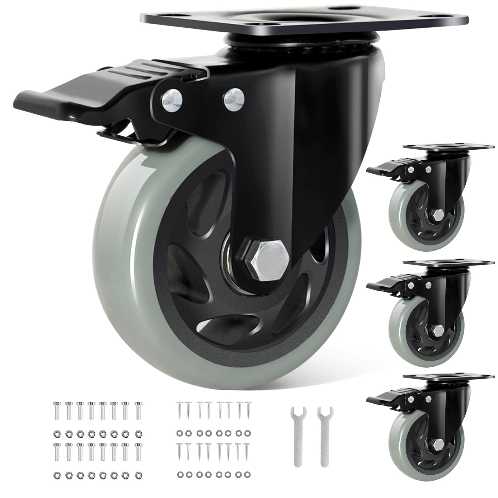 4 Inch Caster Wheels, Casters Set of 4 Heavy Duty, BZOLIHEU Locking Casters, Silent Top Plate Swivel Casters with Brake, Polyurethane Castor Wheels for Furniture and Workbench Cart